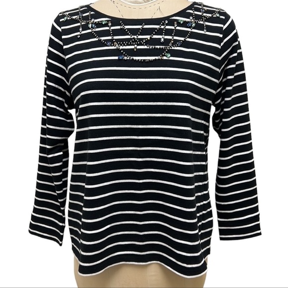 TALBOTS Women’s Petites Embellished Long Sleeved Striped‎ Shirt Black/White 1XP - Picture 4 of 11